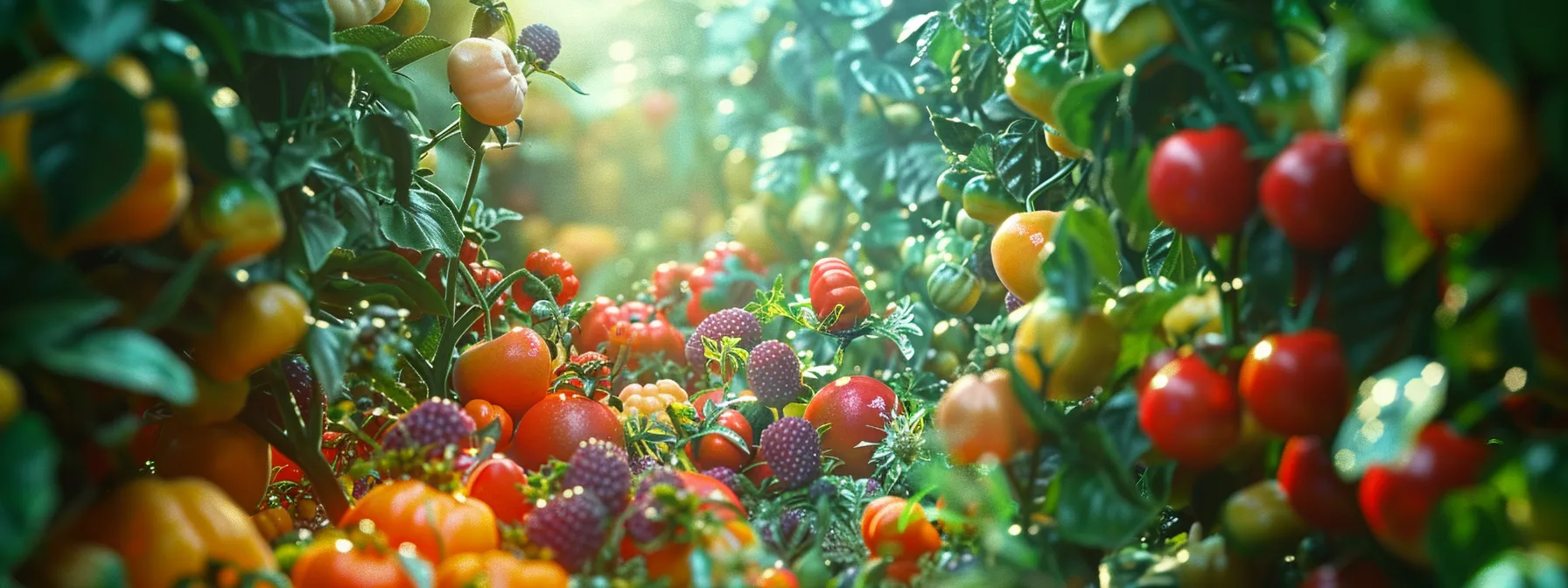 a vibrant garden overflowing with colorful fruits and vegetables, symbolizing the abundance mindset in cultivating wealth.