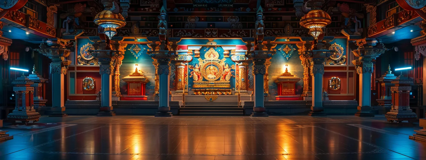 a vibrant indian temple adorned with intricate carvings and colorful murals, featuring the fifteen mukhi rudraksha symbolizing spiritual beliefs and ancient traditions.