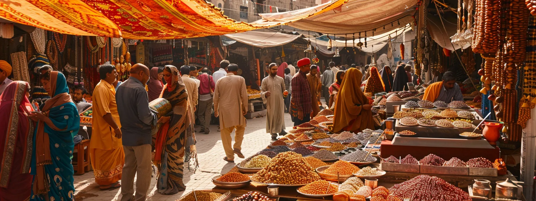 a vibrant marketplace showcasing a diverse array of twenty one mukhi rudraksha beads, with eager buyers and sellers discussing origins and authenticity under colorful banners and seasonal decorations.