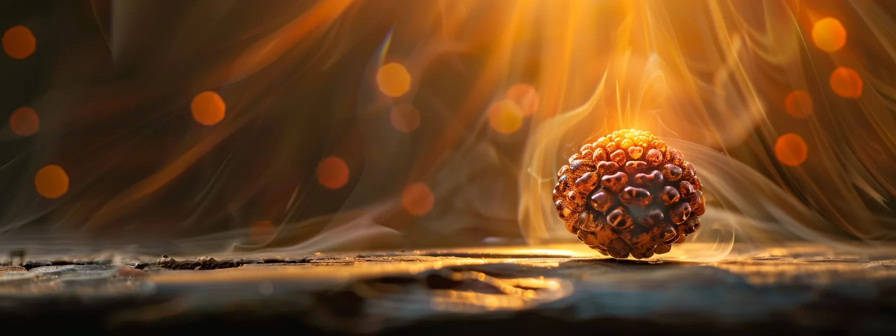 a vibrant one mukhi rudraksha bead glowing with ancient wisdom, surrounded by pulsating energy and vitality.