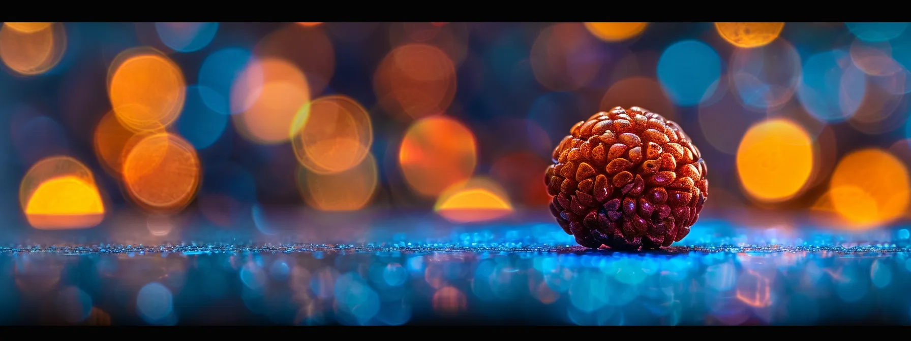 a vibrant photo capturing a close-up of a shiny rudraksha bead, highlighted by a soft glow, symbolizing its unique energetic influences and potential electromagnetic properties.