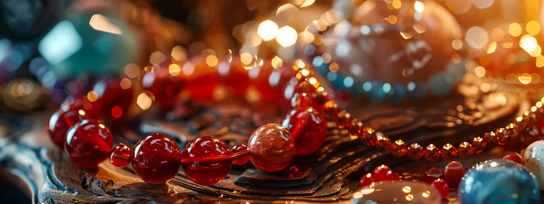 a vibrant red carnelian bracelet shimmering next to a collection of gemstones and fashion accessories on a luxurious wooden display.