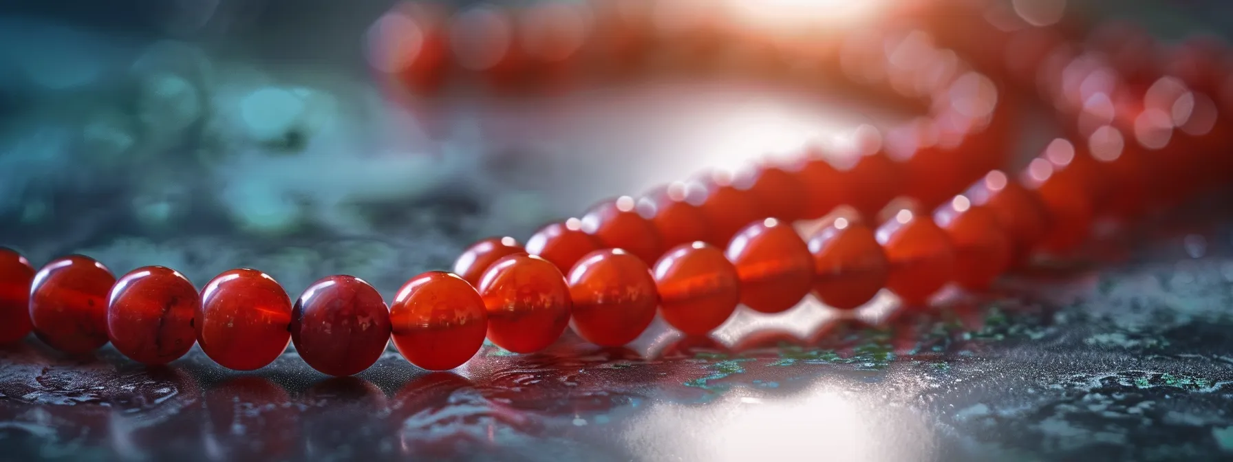 a vibrant red coral beads necklace gleaming under soft natural light, radiating a sense of energy and vitality.