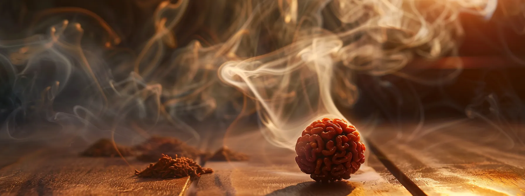 a vibrant ten mukhi rudraksha bead surrounded by incense smoke and glowing with spiritual energy during a re-energizing ritual.