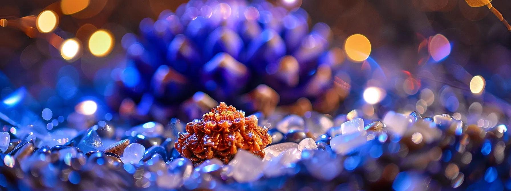 a vibrant twenty mukhi rudraksha bead shimmering with energies, surrounded by soothing ghee and lapis lazuli crystals for enhanced spiritual properties.