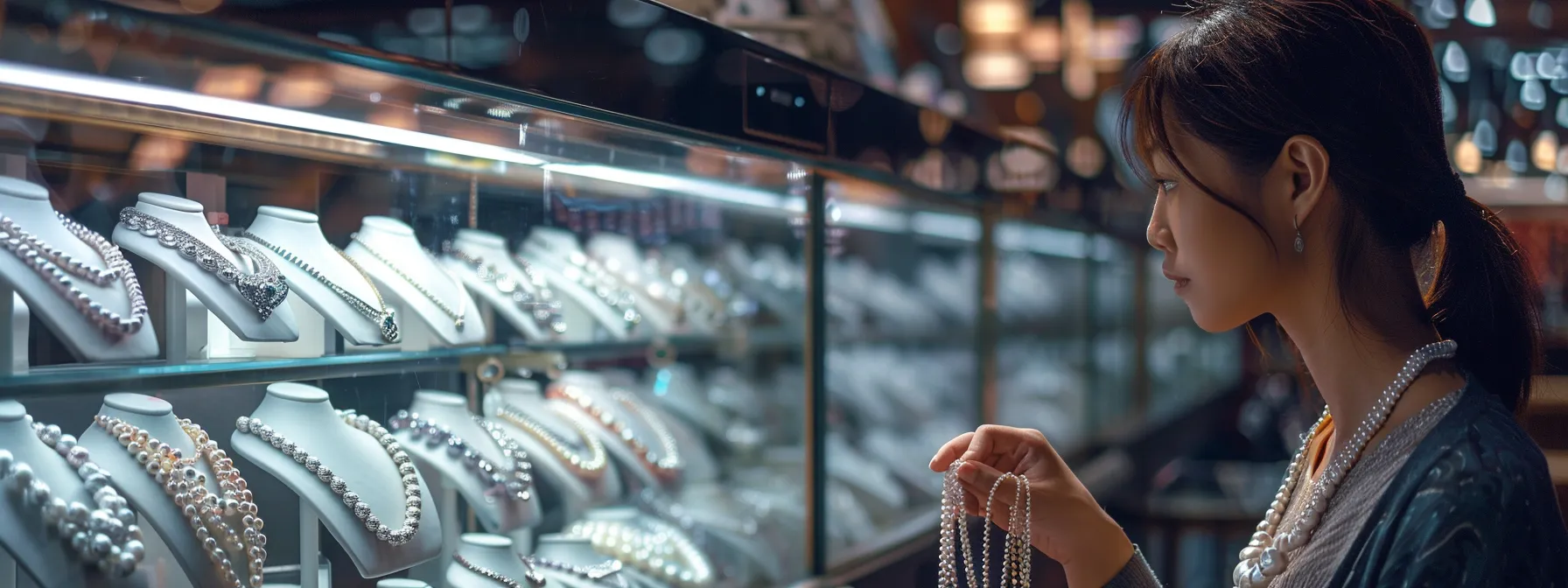 a woman carefully comparing different pearl necklaces in a luxurious jewelry store, weighing quality and price factors in her decision-making.