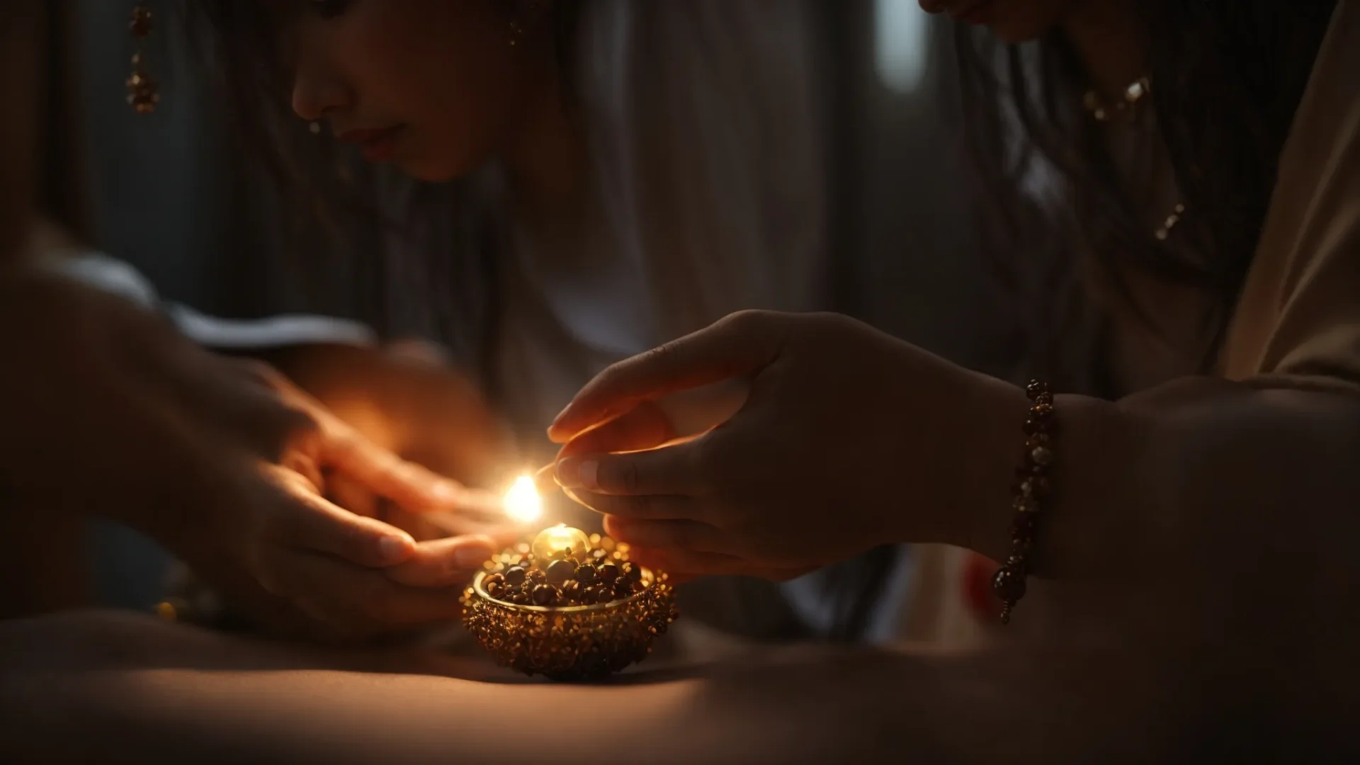 a woman carefully positioning a nine mukhi rudraksha pendant around her neck, surrounded by a soft glow of divine energy.