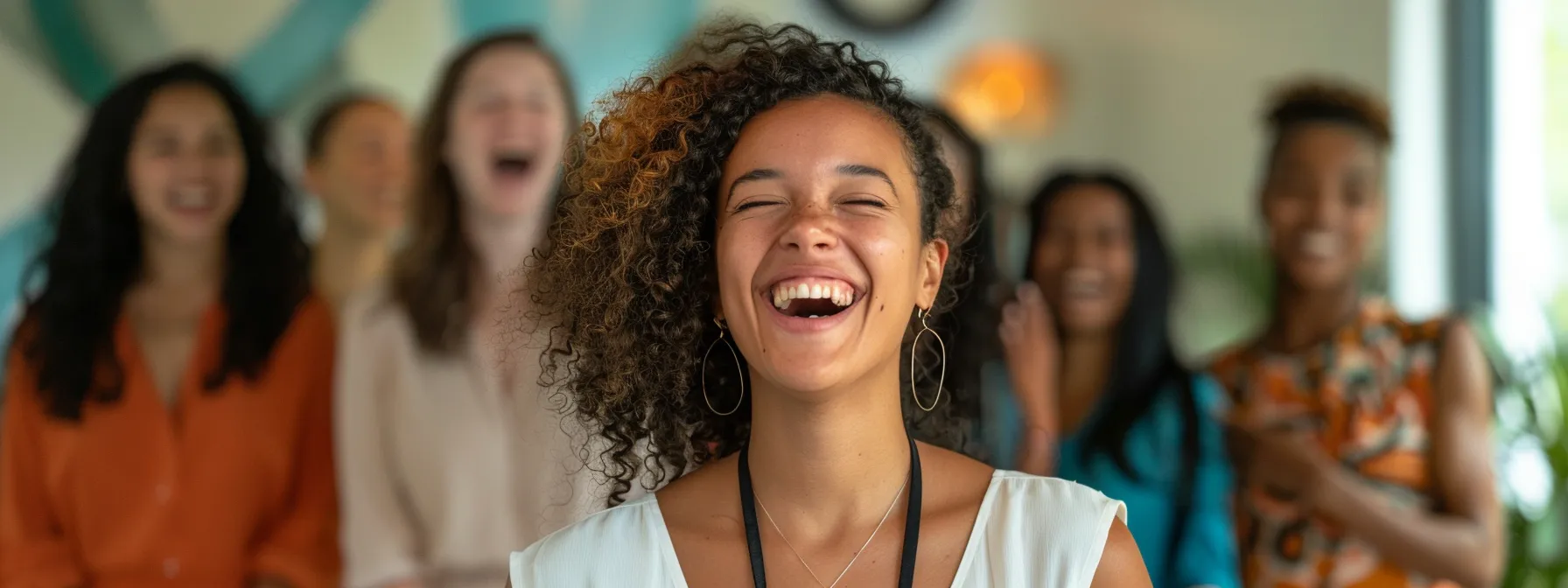 a woman confidently standing tall, celebrating a small victory with a genuine smile, surrounded by supportive friends.