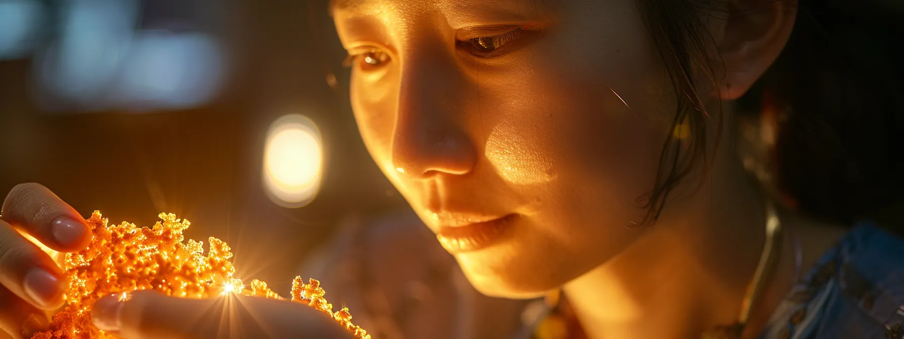 a woman delicately examining a vibrant, ethically sourced coral bracelet, reflecting on its quality and emotional resonance.