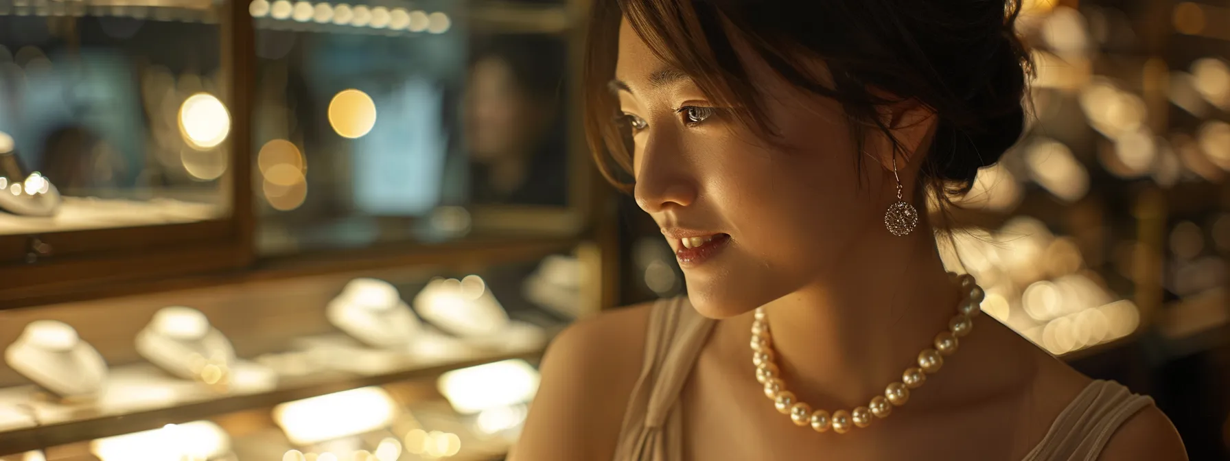 a woman examining a luxurious pearl necklace in a well-lit jewelry store.