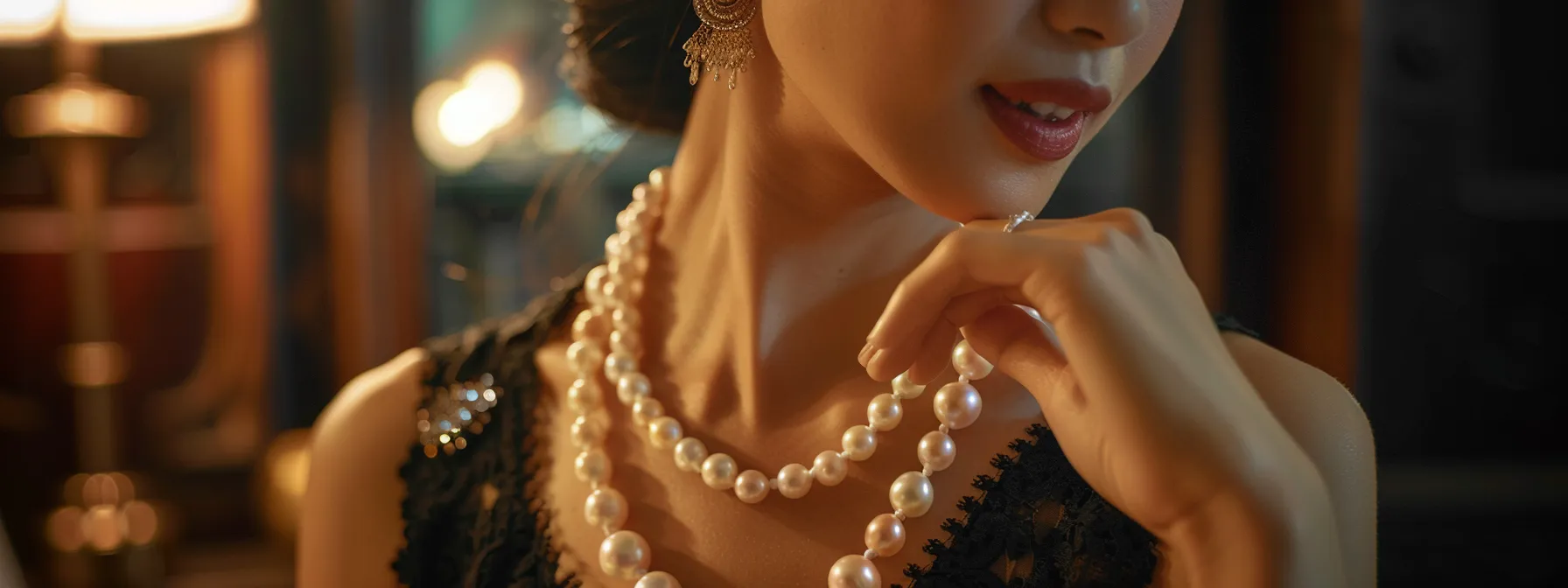 a woman selecting a large pearl necklace, making a bold statement with its size and elegant appearance.