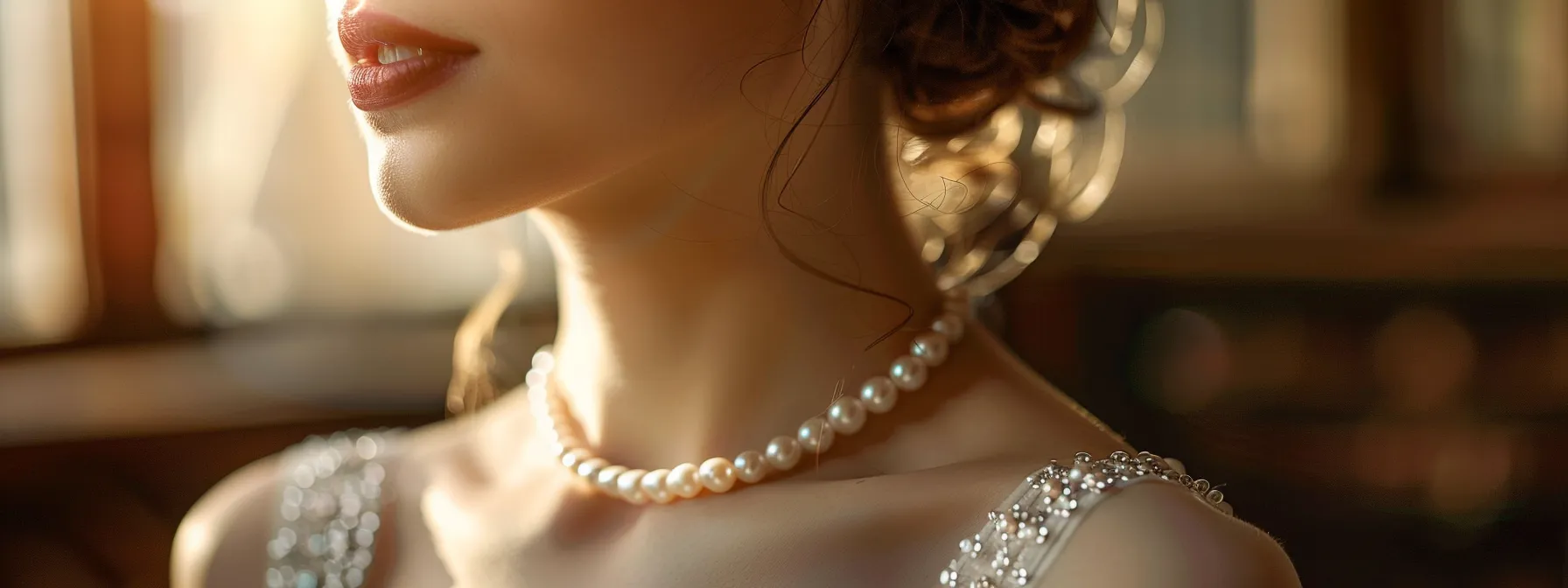 a woman wearing a timeless pearl necklace in a flattering princess length, accentuating her neckline and adding sophistication to her outfit.