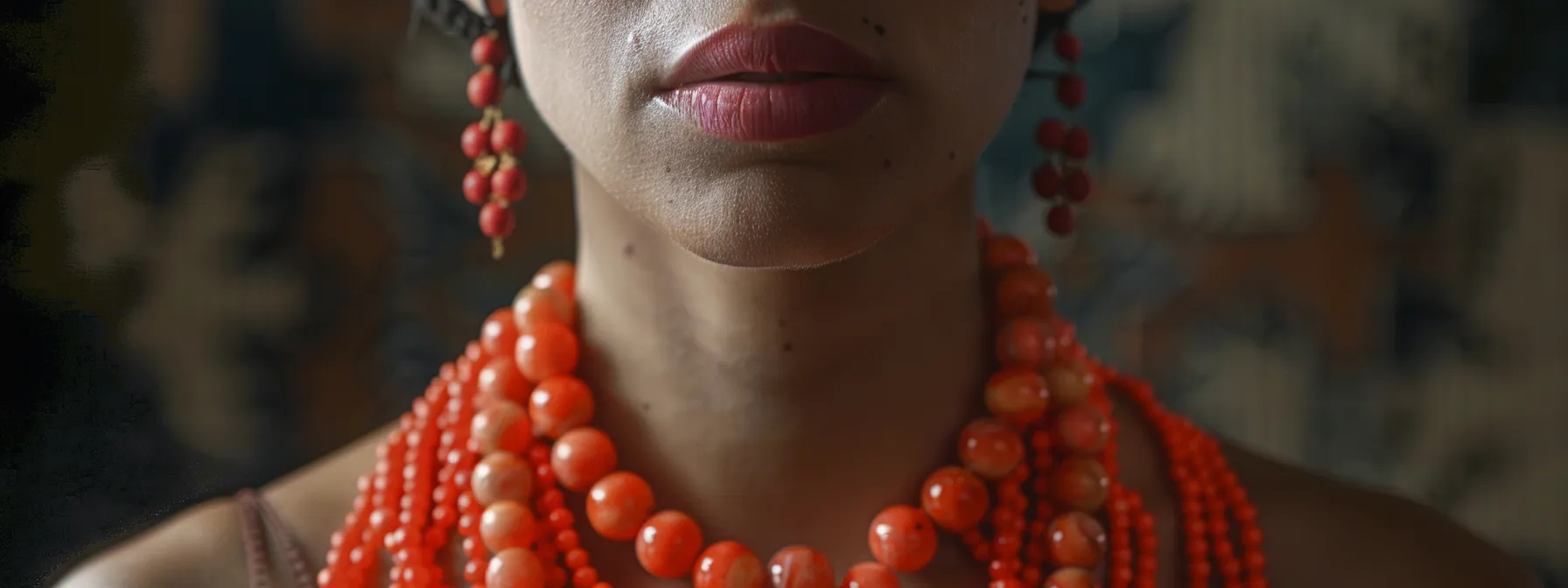 a woman wearing a vibrant red coral beads necklace radiating vitality and well-being.