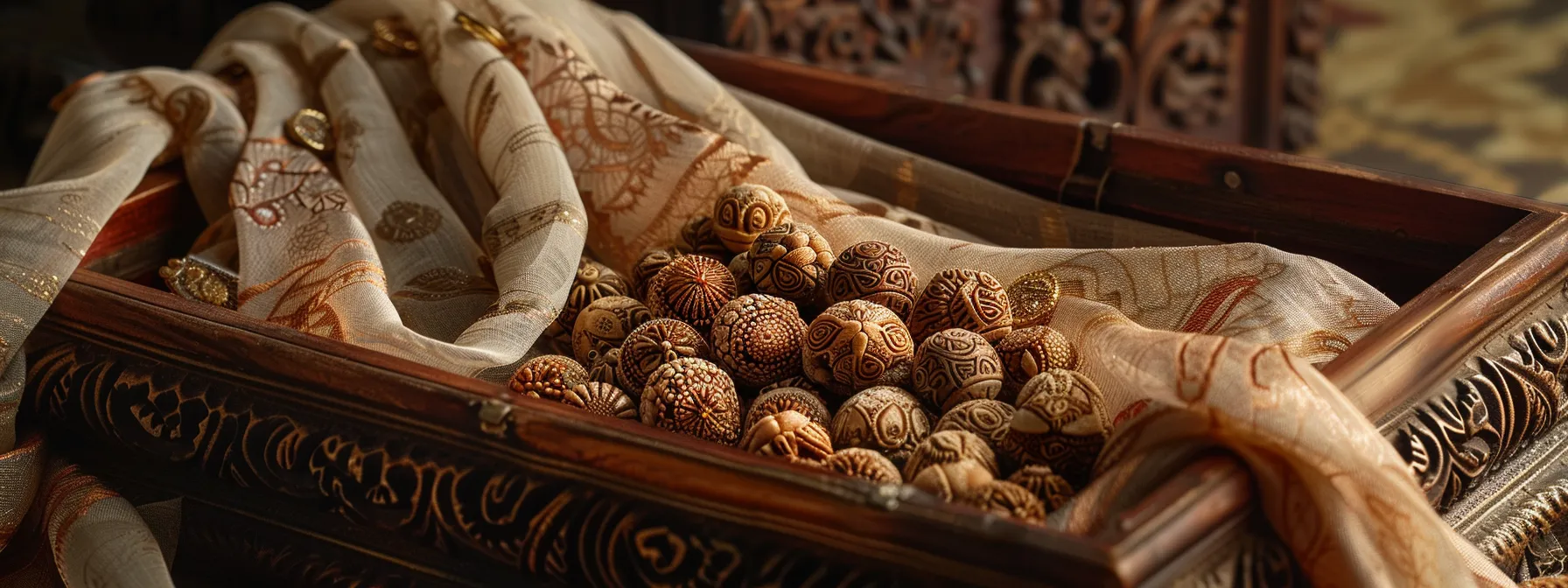 a wooden box with intricate carvings, safely housing a collection of twenty mukhi rudraksha beads, surrounded by natural fabric pouches.