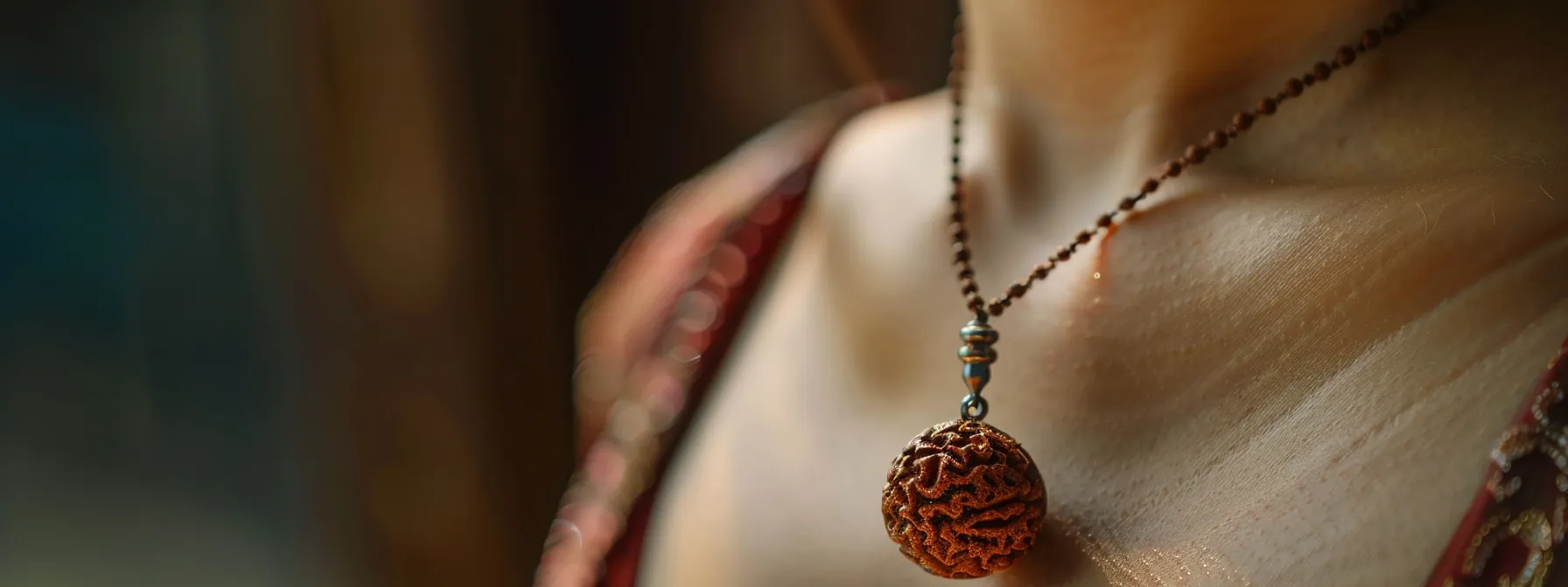 an ancient-looking twenty one mukhi rudraksha bead suspended on a delicate chain around a person's neck, radiating a sense of spiritual significance and cultural tradition.