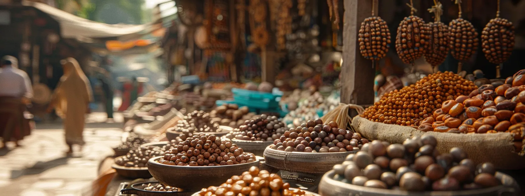 an ancient marketplace bustling with diverse cultures trading fifteen mukhi rudraksha beads, symbolizing the intersection of economy, tradition, and social hierarchy.