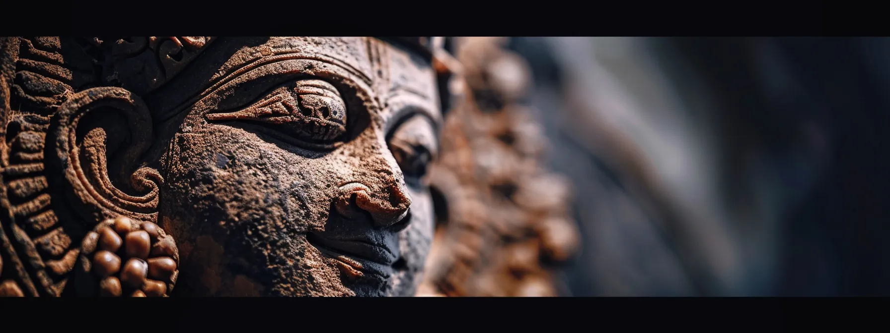 an ancient sculpture adorned with three mukhi rudraksha beads, intricately carved and illuminated in a museum setting.