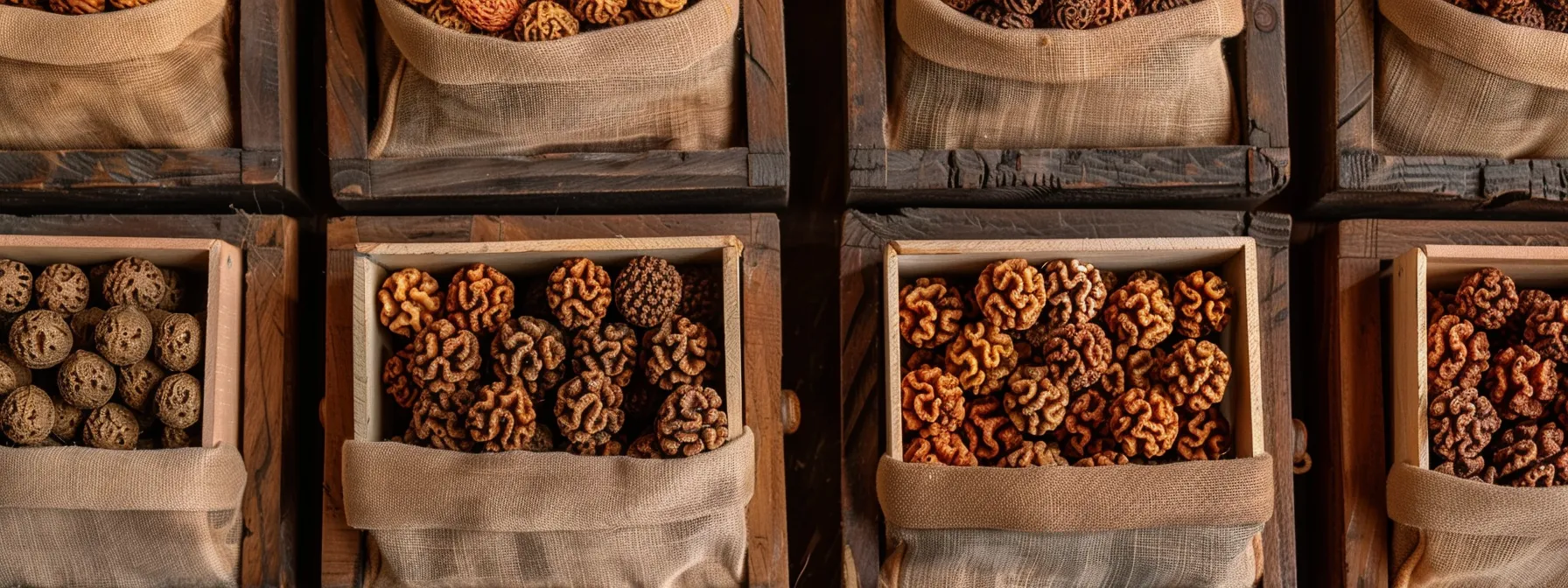 an array of ten mukhi rudraksha beads housed in delicate, breathable pouches and wooden boxes, neatly organized to preserve their unique energetic qualities.