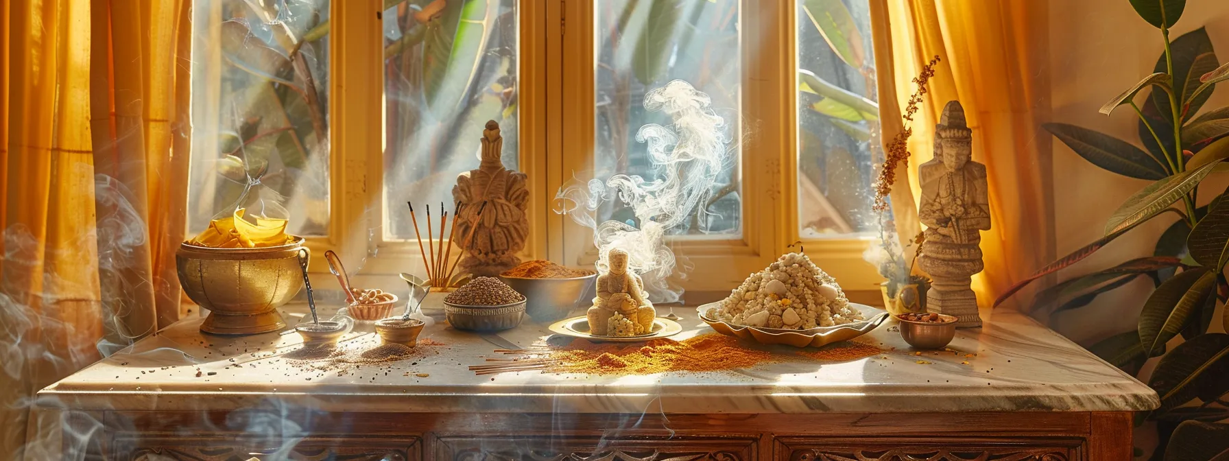 an elegant altar adorned with quality incense, sacred offerings, and spiritual elements like the 9 mukhi durga therapy materials, ready for eight mukhi rudraksha activation.