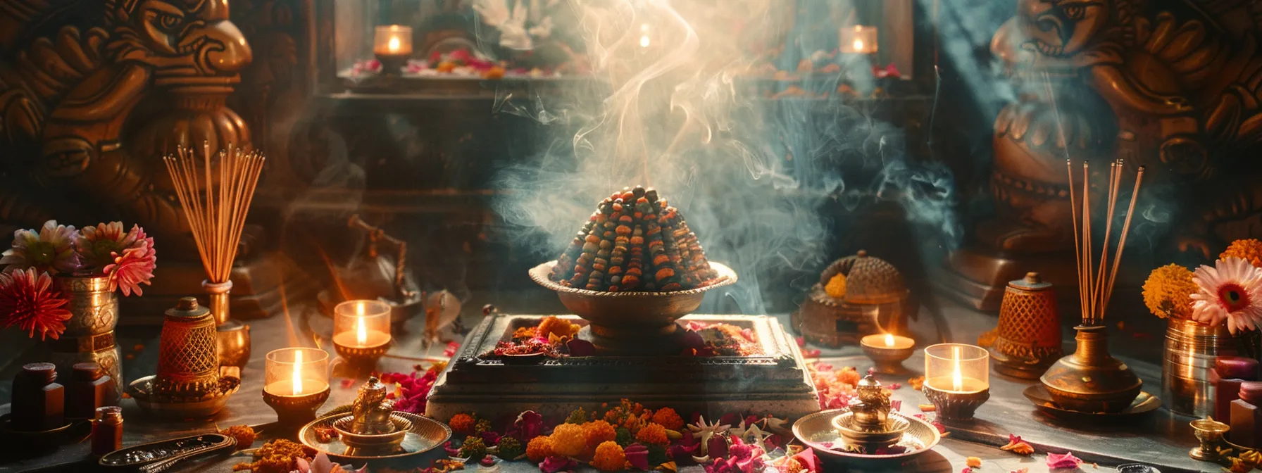 an elegantly lit altar adorned with a nineteen mukhi rudraksha, surrounded by incense and sacred offerings, symbolizing spiritual purification and connection.