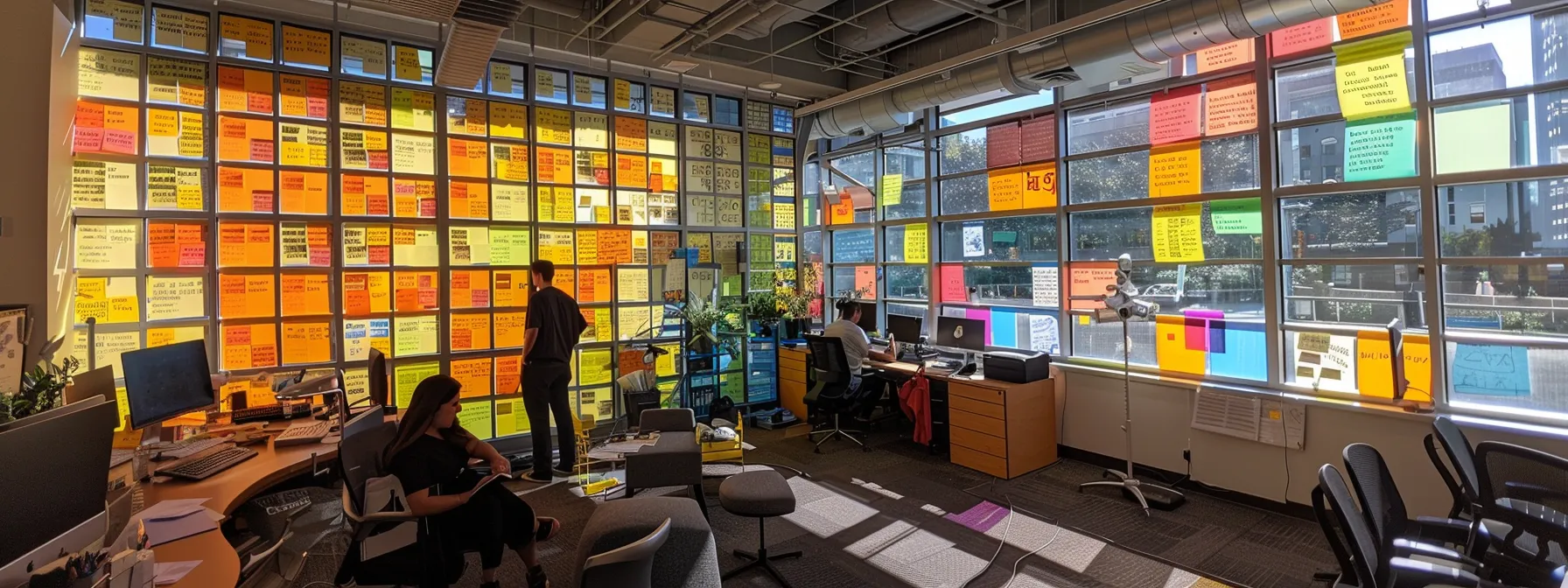 an employee brainstorming ideas in a bright, open office space filled with colorful post-it notes and creative tools.