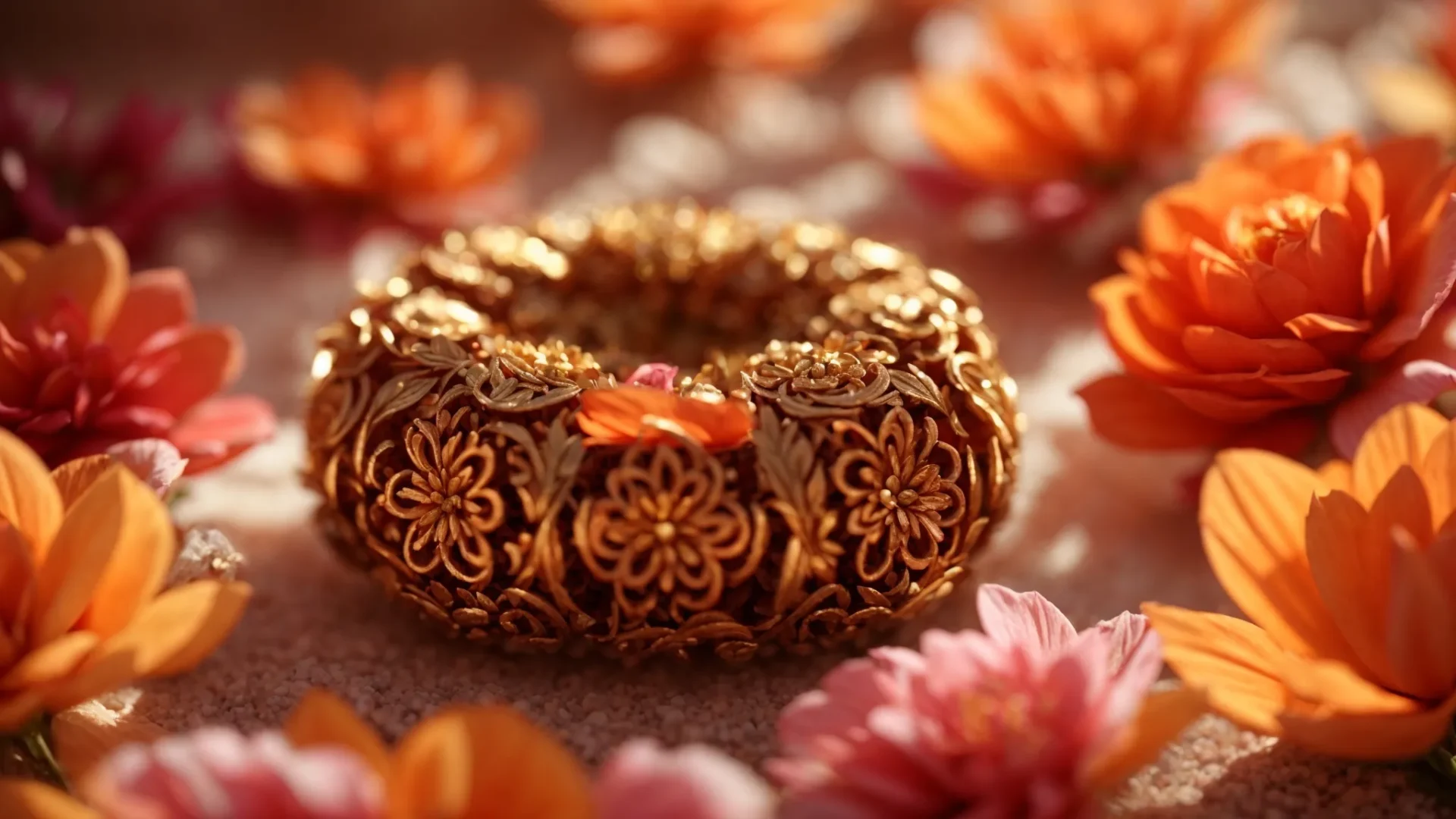 an ethereal nine mukhi rudraksha gleaming on a bed of fragrant petals, surrounded by a soft glow, symbolizing purity and spiritual connection.