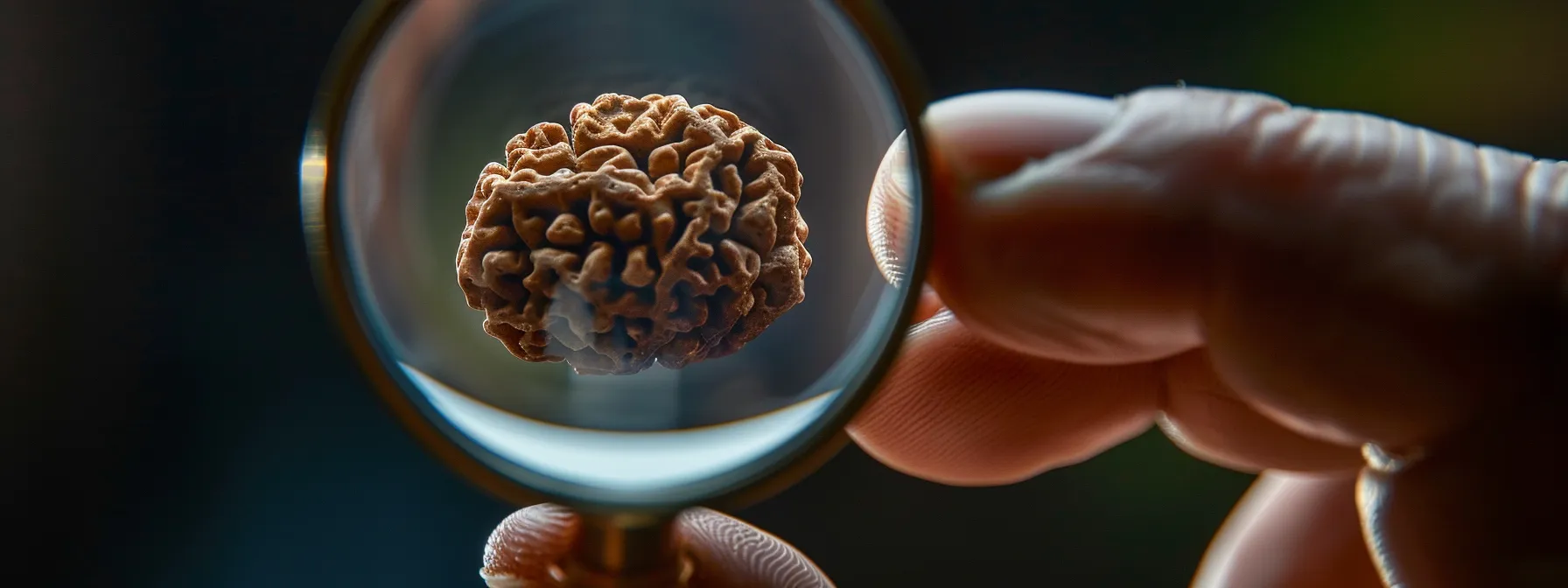 an image of a person closely examining the intricate texture and natural imperfections of a genuine rudraksha bead under a magnifying glass.