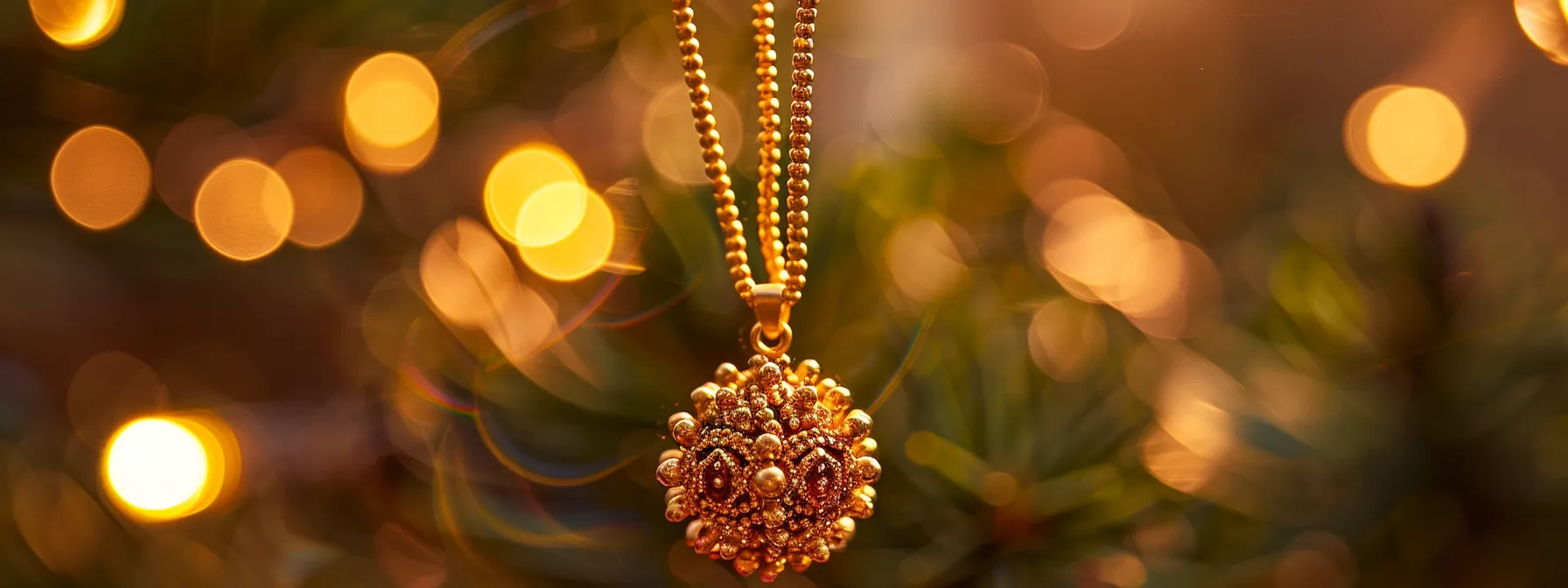 an image of a three mukhi rudraksha necklace hanging on a golden chain, showcasing its intricate three faces symbolizing the trinity of brahma, vishnu, and shiva.