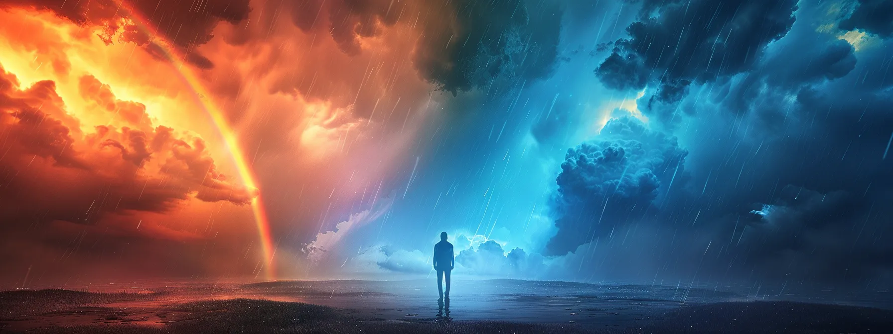 an individual confidently facing a storm, standing tall amidst the chaos, with a vibrant rainbow in the background symbolizing resilience and adaptability.