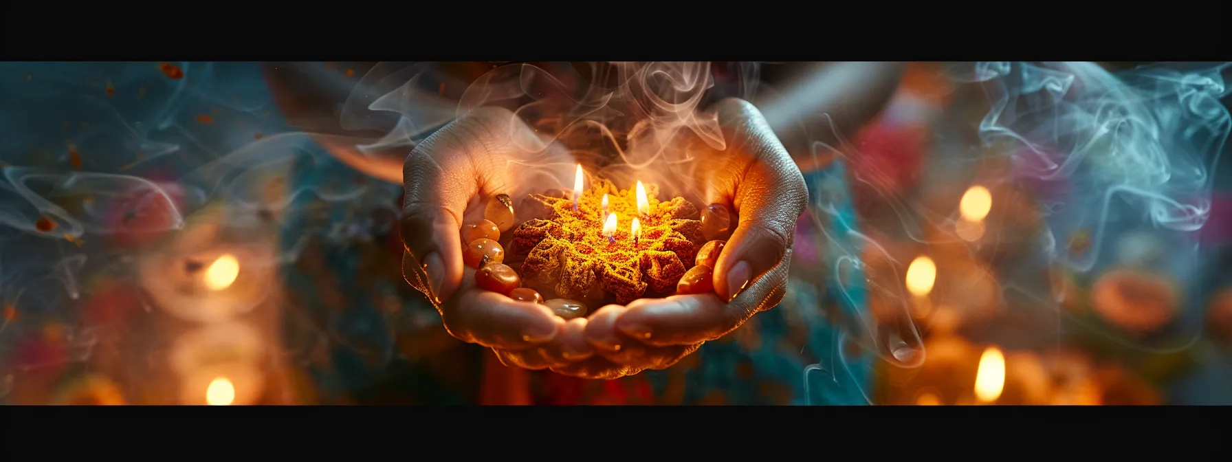 an individual holding a purified eight mukhi rudraksha bead with a vibrant aura, surrounded by incense smoke and glowing candles during a sacred ritual.