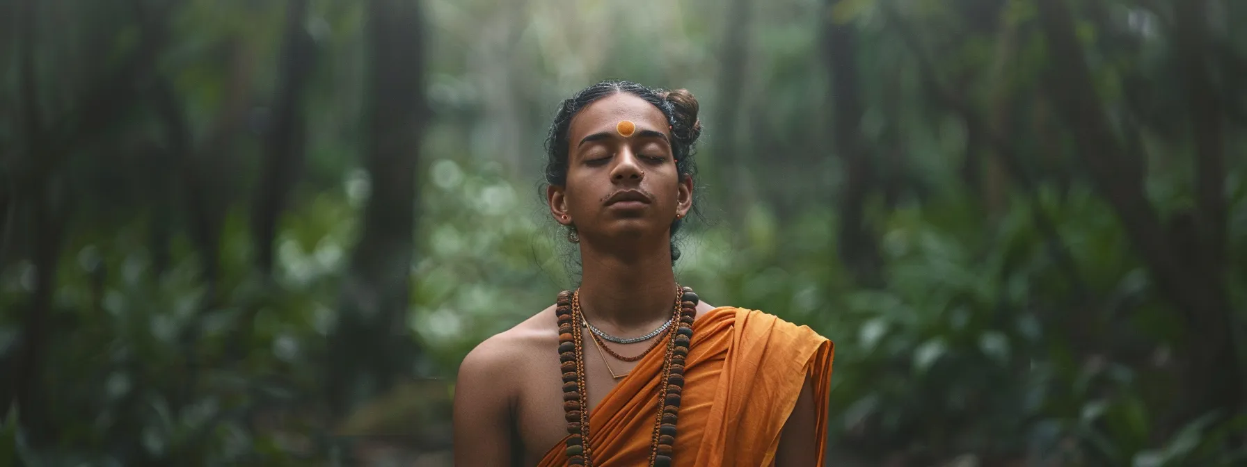 an individual peacefully wearing a one mukhi rudraksha necklace, with a serene expression and focused mindset, surrounded by calming natural elements.