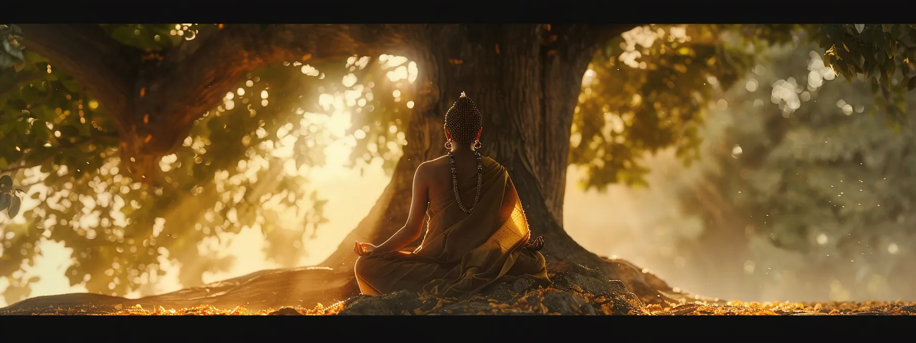 an individual wearing the nine mukhi rudraksha bead meditating peacefully under a divine tree, surrounded by a golden aura of spiritual enlightenment.