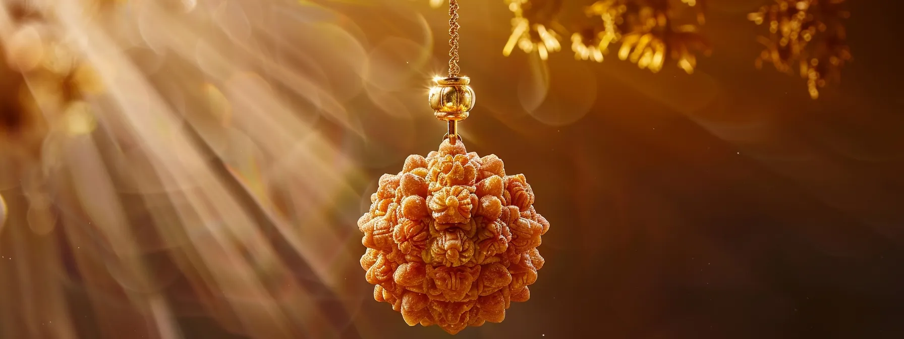 an intricately carved fifteen mukhi rudraksha suspended from a gold chain, radiating a powerful aura of divine energy and spiritual significance.