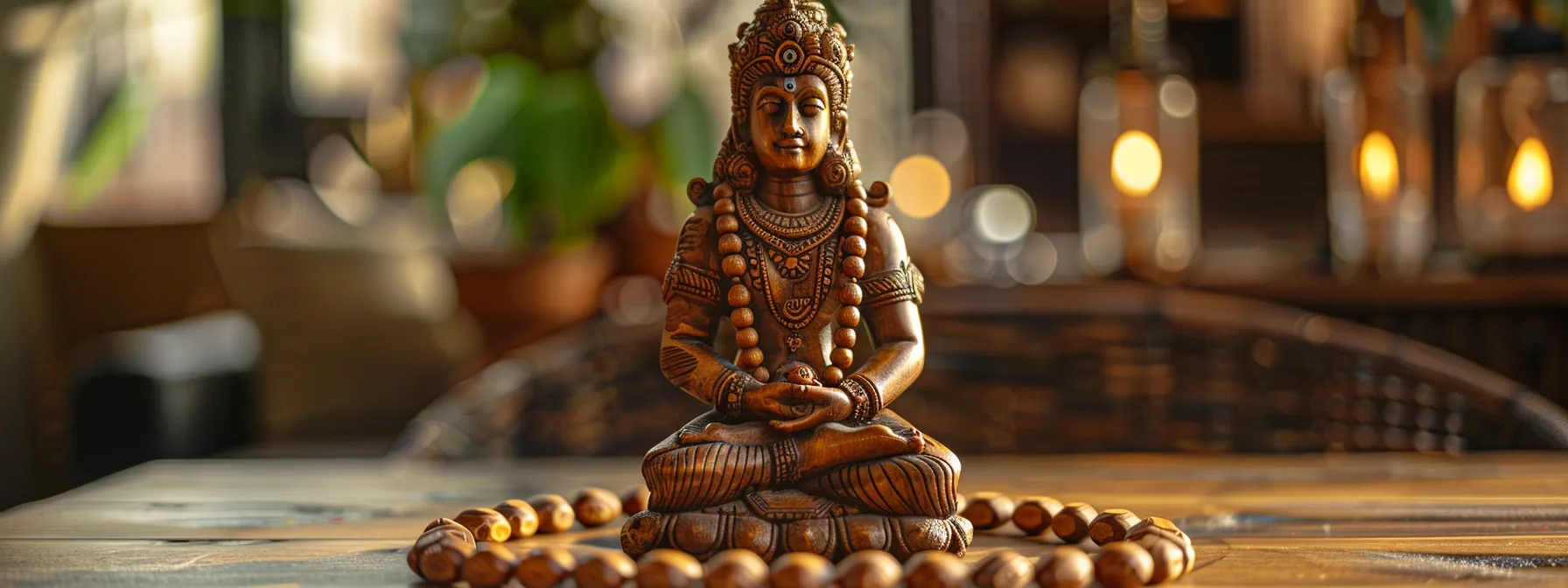 an intricately carved wooden statue of lord shiva adorned with a majestic rudraksha mala.