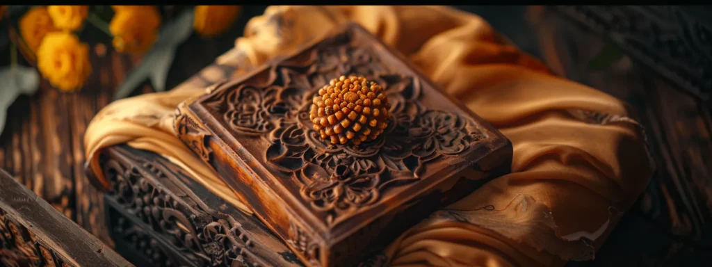 an ornate wooden box with intricate carvings holding a shimmering eleven mukhi rudraksha nestled in soft velvet.