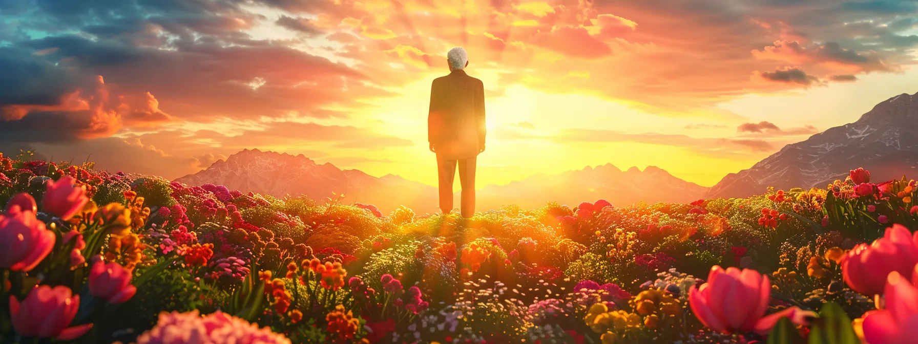 bob proctor stands confidently atop a mountain, with a vibrant sunrise symbolizing his transformation from struggle to success, surrounded by a field of blooming flowers representing his core wealth beliefs and a mirror reflecting his strong self-image for financial prosperity.