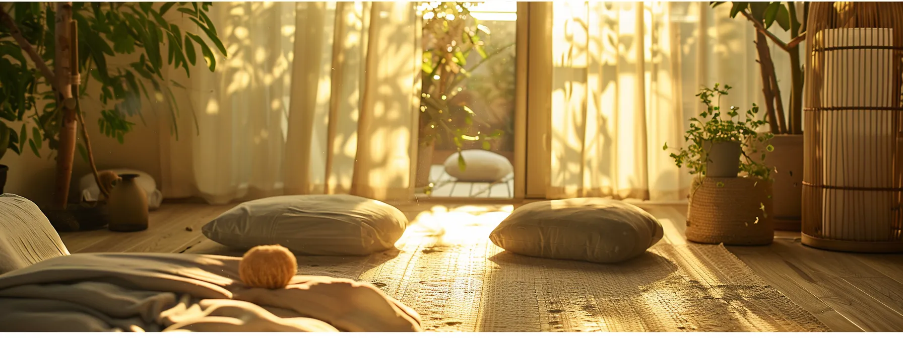 embracing personal growth and transformation through yoga and mindfulness in a serene, sunlit room with peaceful meditation cushions.