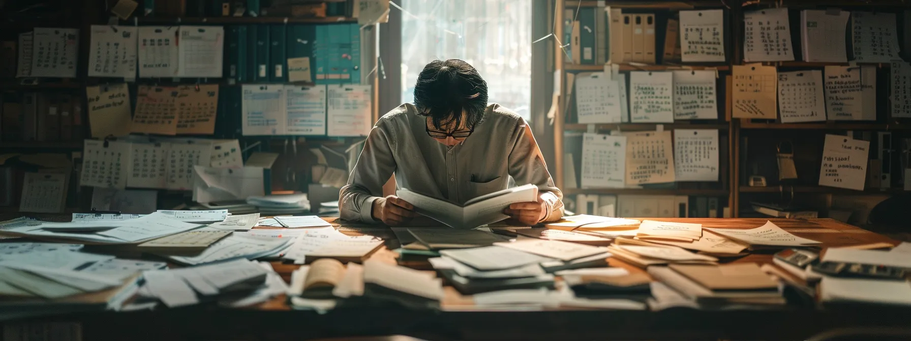 a focused individual surrounded by files and calendars, mapping out their journey towards a psych-k® certification program.