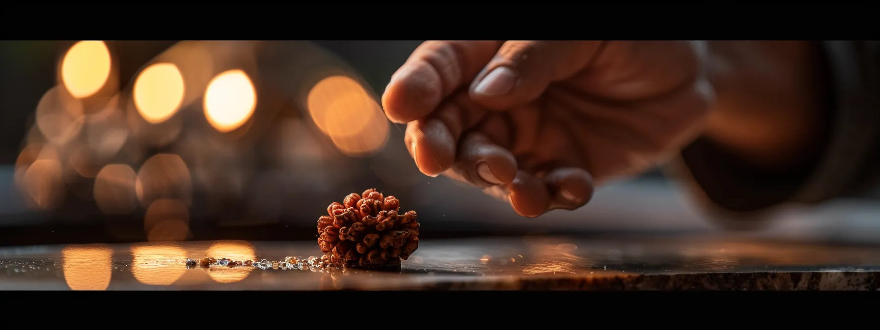 gently cleaning an eleven mukhi rudraksha bead with care, showcasing its natural beauty and spiritual significance.