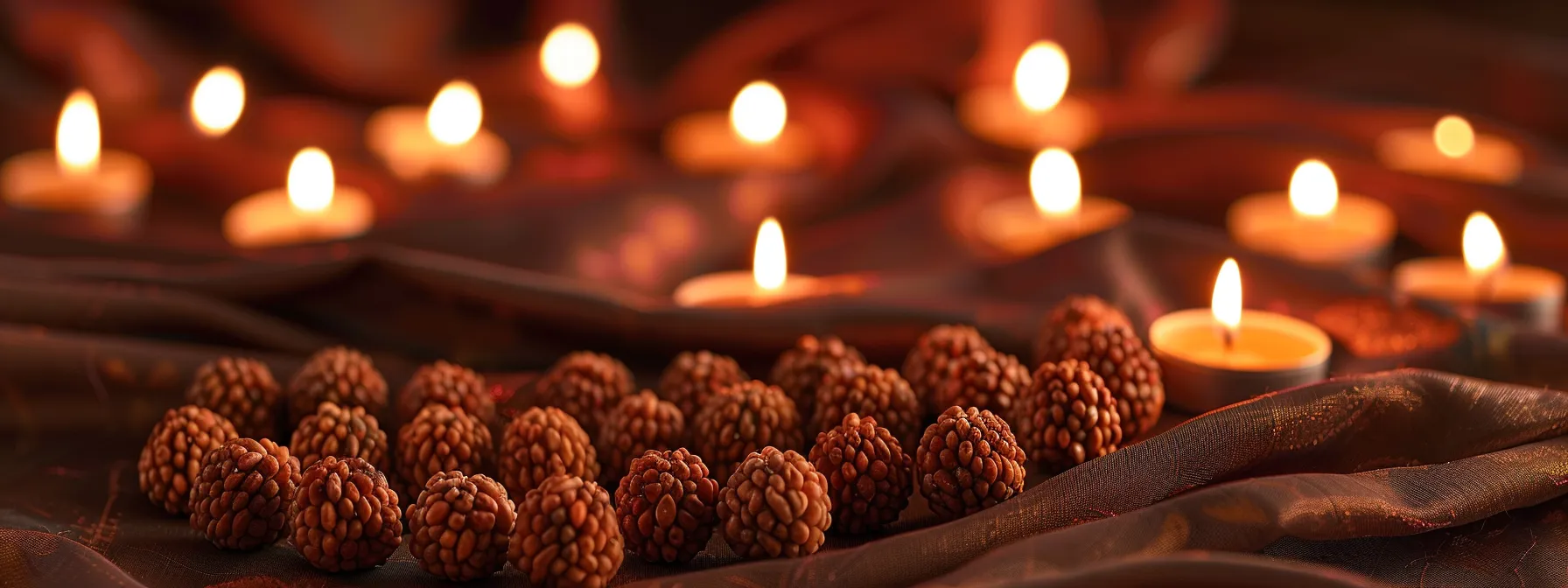 glistening ten mukhi rudraksha beads arranged on a soft, velvet cloth under the warm glow of candlelight.