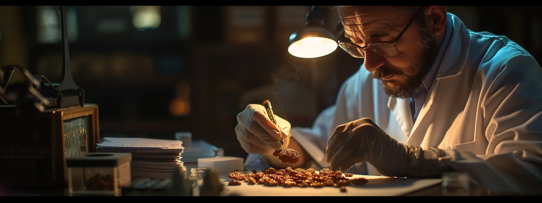 in a dimly lit room, a focused gemologist examines a three mukhi rudraksha bead under a bright light, with a stack of laboratory testing reports and certifications nearby, ensuring authenticity and reliability.