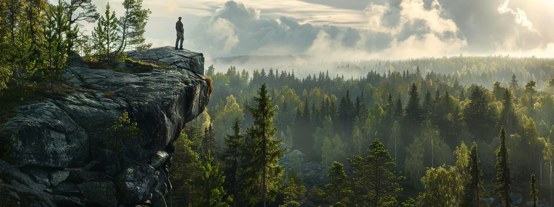 in a tranquil forest setting, a lone figure stands atop a rocky cliff, gazing out at the vast horizon, symbolizing a powerful paradigm shift towards success and personal growth.