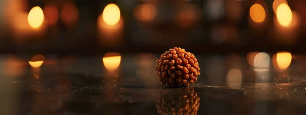 in the soft glow of candlelight, a stunning fifteen mukhi rudraksha bead gleams with ancient wisdom and power.