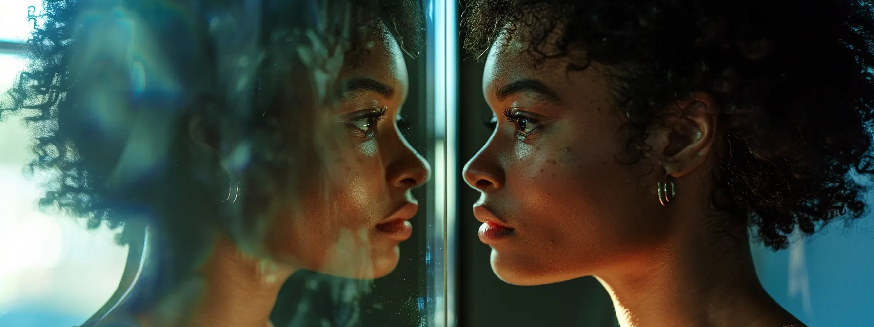 a person standing in front of a mirror, staring intensely at their reflection with a look of empowerment and determination, symbolizing the impact of psych-k® on personal transformation.