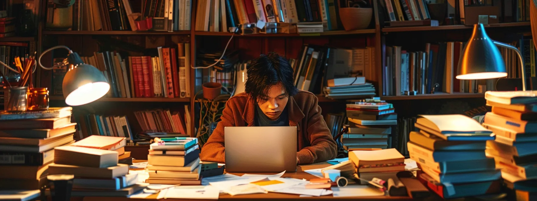 a person surrounded by books, notes, and a laptop, studying intently for the psych-k® certification program.