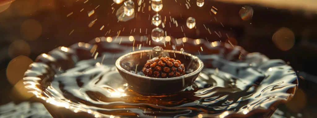 the image shows a shiny rudraksha bead being gently washed in a bowl of pure water before being held up to the sunlight for activation.