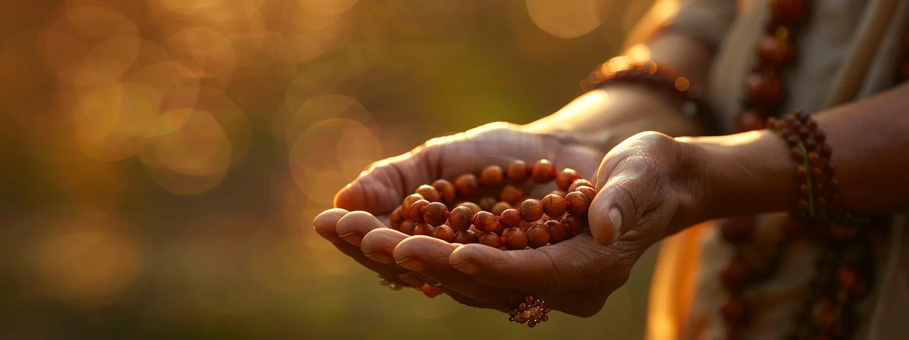 a close-up photo of a person's hands holding a rudraksha mala beads, capturing the intricate details and spiritual significance of the sacred accessory.