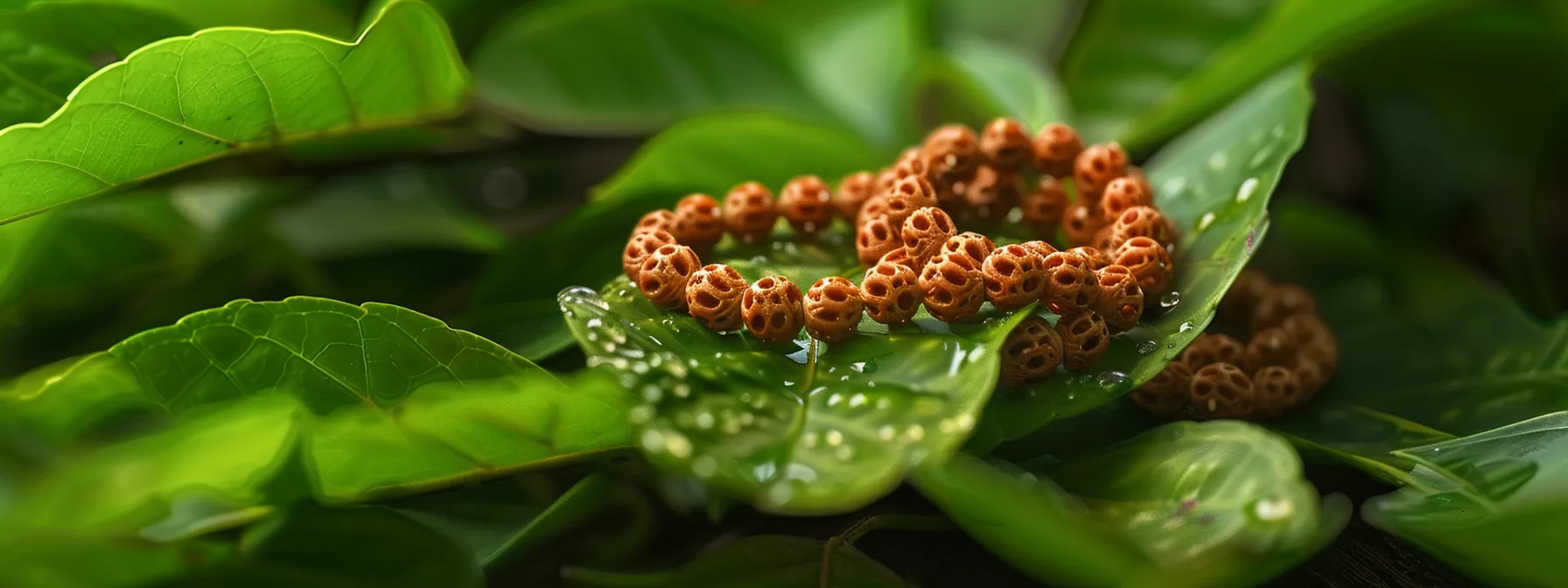 a close-up shot of a shiny rudraksha bead necklace resting on a bed of vibrant green leaves, highlighting its sacred and mystical properties.