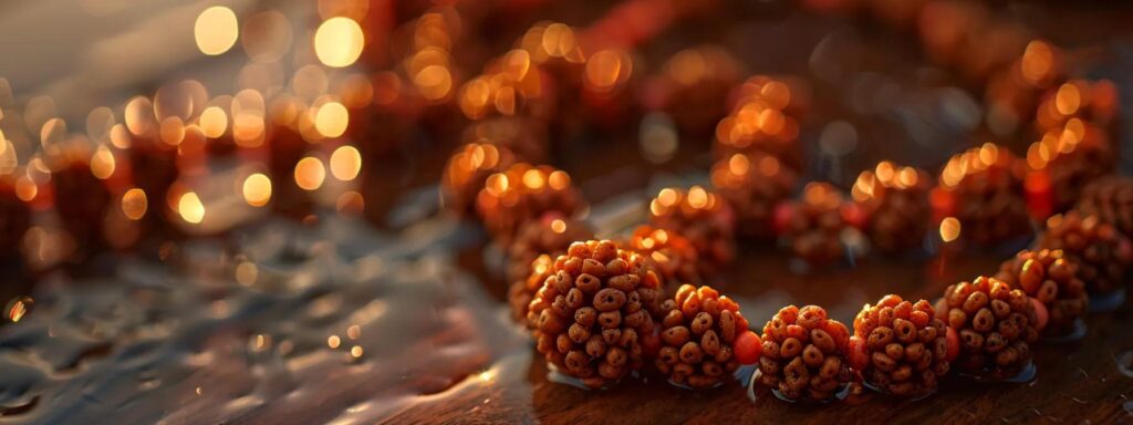 a close-up photo of a vibrant, intricately designed rudraksha mala bead necklace resting on a polished wooden surface.