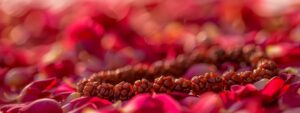 a close-up shot of a radiant rudraksha mala bead necklace resting on a bed of fresh rose petals.